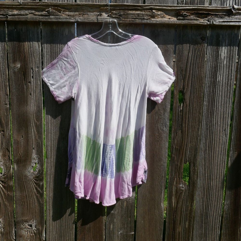 Sakkas Tunic Top One Size Boho Short Sleeve Palm Trees Crochet Trim Pink Blush - Picture 7 of 9